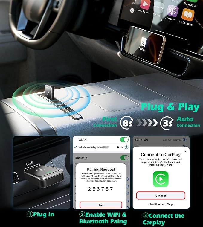 KAIY Wireless Carplay Adapter for iPhone & Android Auto, Convert Wired to Wireless Apple CarPlay Adapter, Car Play USB C USB A Dongle Plug & Play No Delay Stable Connection for iOS 10+, Android 11+