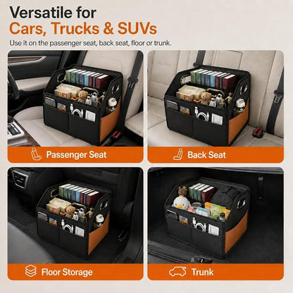 Noaman Car Organizer - 2025 Upgraded Leather Car Storage Organizer for Front Back Seat or Floor with 3 Metal Handles 6 Apartments, Multipurpose Car Organizers and Storage Black.