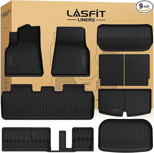 LASFIT 9PCS Floor Mats & Backrest Mats & Cargo Mats for Tesla Model Y 7 Seater 2025 2024 2023-2020 (Not Fit Juniper), All Weather TPE Custom Fit Floor Liners Car Mats & Trunk Mats Accessories