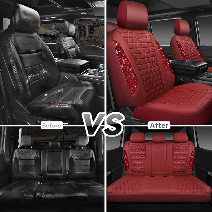 CAR PASS Bling Diamond Burgundy Leather Car Seat Covers Full Sets Interior Sets, Waterproof Shining Glitter Sparkly Crystal Universal Armrest Fit Automotive Truck SUV Cute Women Girl, Red Rhinestone