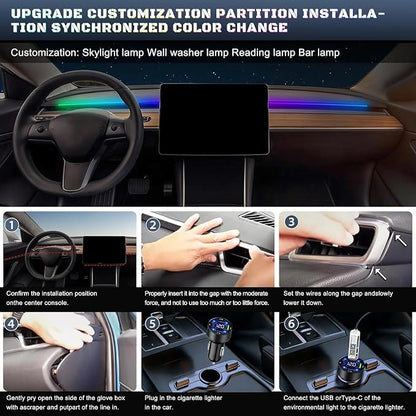 Dreamcolor Acrylic Interior Car LED Strip Light with USB/Type C/4-Port USB Cigarette Lighter,RGB 10 in 1 with 175 inches 650 LEDs Ambient Lighting Kits, Sound Active Function Neon Led Strips for Car