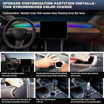 Dreamcolor Acrylic Interior Car LED Strip Light with USB/Type C/4-Port Cigarette Lighter, RGB 2 in 1 with 86.6 inches LEDs Ambient Lighting Kits, Sound Active Function Neon Led Strips for Car