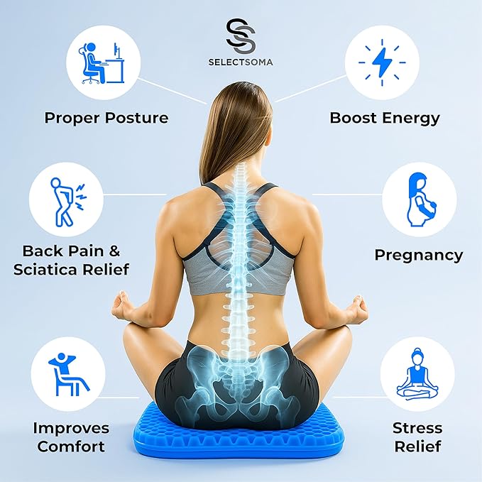 SelectSoma Super Large Gel Seat Cushion for Long Sitting - 18.5" x 17.5" - Breathable Cooling Design - Pressure Relief for Sciatica, Tailbone & Back - Office Chair, Wheelchair, Car & Truck Cushion