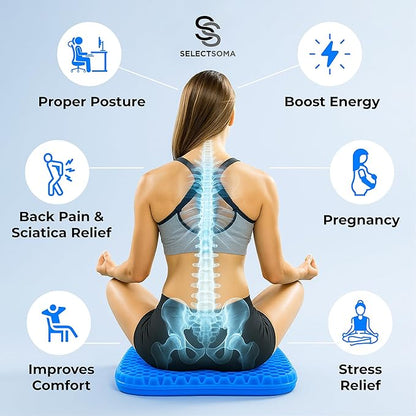 SelectSoma Super Large Gel Seat Cushion for Long Sitting - 18.5" x 17.5" - Breathable Cooling Design - Pressure Relief for Sciatica, Tailbone & Back - Office Chair, Wheelchair, Car & Truck Cushion