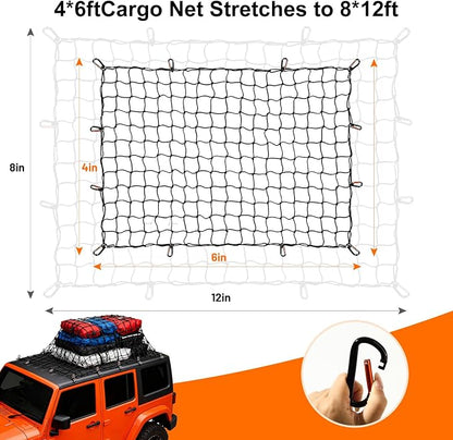 Cargo Net for Pickup Truck Bed-4’x6’ Stretches to 8’x12’,with 12 Adjustable Metal Carabiners，Easy-to-use Tailgate Cargo Netting- Compatible with Ford, Dodge RAM, Chevy, Toyota (Black)
