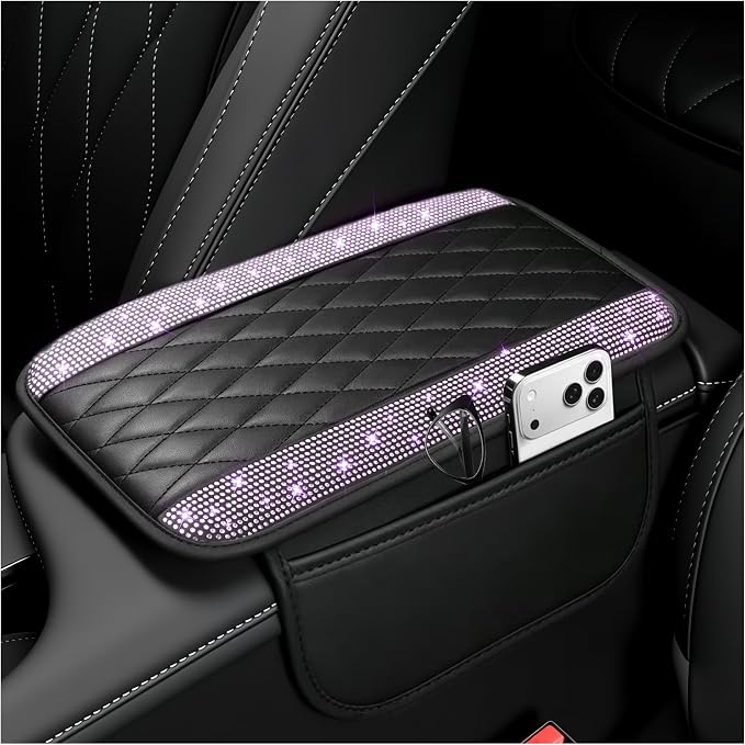 Stacool Upgraded Car Center Console Cover with Rhinestones,Microfiber Leather Car Armrest Cover Cushion with 2 Storage Bags,Universal Cars Armrest Storage Box as Cars Interior Accessories