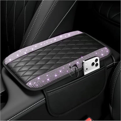 Stacool Upgraded Car Center Console Cover with Rhinestones,Microfiber Leather Car Armrest Cover Cushion with 2 Storage Bags,Universal Cars Armrest Storage Box as Cars Interior Accessories