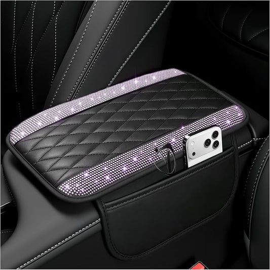 Stacool Upgraded Car Center Console Cover with Rhinestones,Microfiber Leather Car Armrest Cover Cushion with 2 Storage Bags,Universal Cars Armrest Storage Box as Cars Interior Accessories
