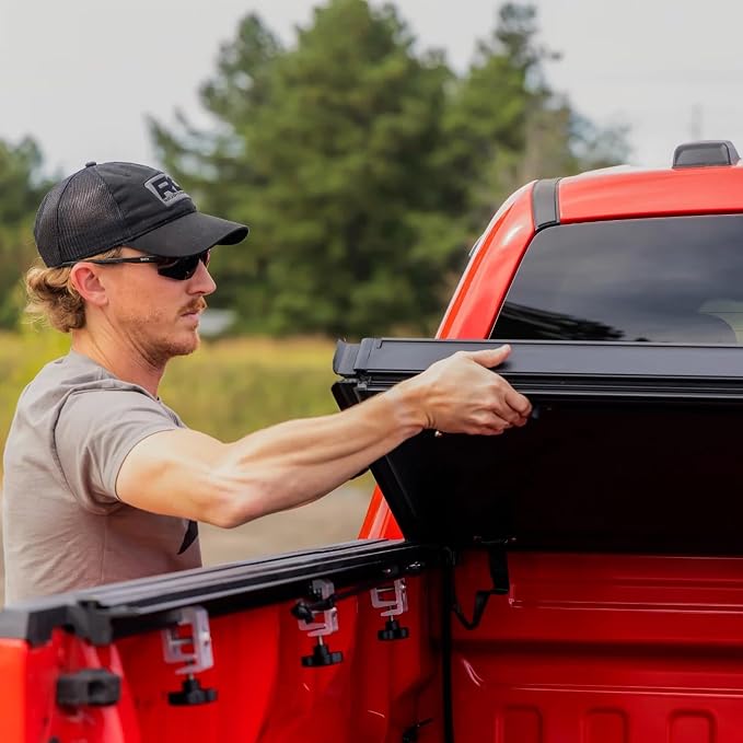 Rough Country Hard Flip-Up Truck Bed Tonneau Cover for Ford F-150 (2015-2020) - Flush Folding Aluminum Bed Cover
