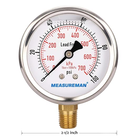 MEASUREMAN Lead-Free Pressure Gauge, 2-1/2inch Dial, Glycerin Filled, 0-100psi/kpa, Stainless Steel Case, 1/4inchNPT Lower Mount