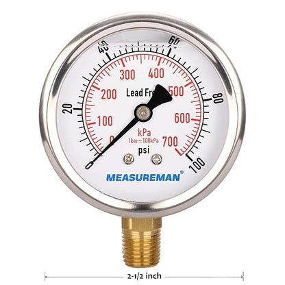 MEASUREMAN Lead-Free Pressure Gauge, 2-1/2inch Dial, Glycerin Filled, 0-100psi/kpa, Stainless Steel Case, 1/4inchNPT Lower Mount