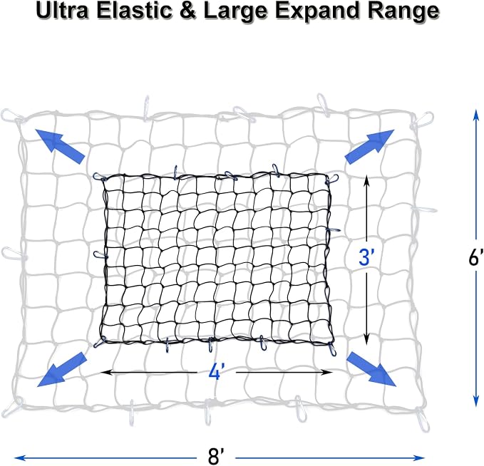 Amiss 3' x4' Stretches to 6' x 8' Truck Cargo Net, Roof Rack Cargo Net for Pickup Trucks SUV, Heavy Duty Truck Bed Cargo Bungee Net with 12 Blue Clips and Storage Bag， Car Exterior Accessories
