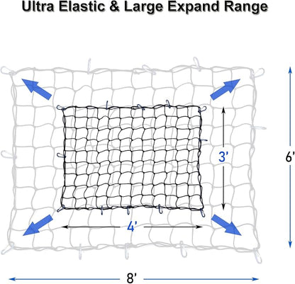 Amiss 3' x4' Stretches to 6' x 8' Truck Cargo Net, Roof Rack Cargo Net for Pickup Trucks SUV, Heavy Duty Truck Bed Cargo Bungee Net with 12 Blue Clips and Storage Bag， Car Exterior Accessories