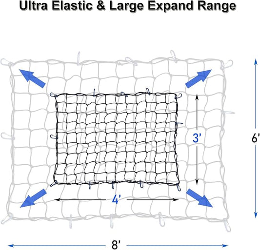 Amiss 3' x4' Stretches to 6' x 8' Truck Cargo Net, Roof Rack Cargo Net for Pickup Trucks SUV, Heavy Duty Truck Bed Cargo Bungee Net with 12 Blue Clips and Storage Bag， Car Exterior Accessories
