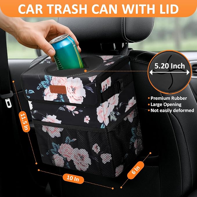 Vankor 3 Gallons Car Trash Can with Lid, Car Bag Bin Hanging Waterproof Automotive Garbage Cans Leak Proof Vehicle Trash Can Black Floral