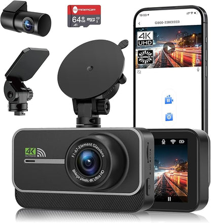 GMAIPOP True 4K Dash Cam Front and Rear with 64GB Card, Wireless WiFi APP Dual Car Camera, Smart Dashcam with AI Night Vision, 24HR Parking Monitor for SUV Truck (Silver)