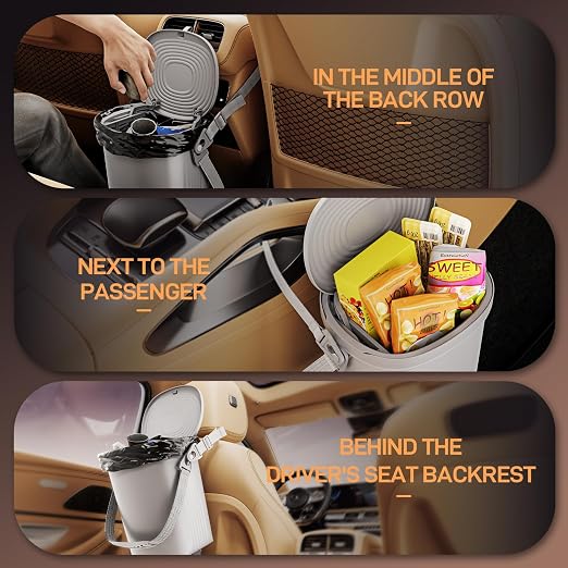 Waretary Trash Can for Car Garbage: Leakproof Silicone Car Waste Bin w/Lid for Drivers and Passengers; 2 Gallon Garbage Container for Vehicle, Sedan, SUV, Van, MPV & Truck (Gray)