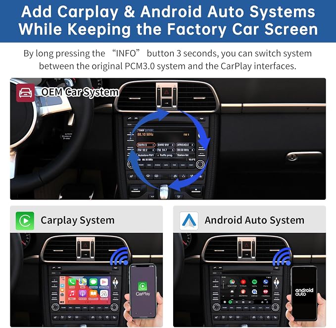 Road Top Wireless CarPlay Interface Decoder for Porsche PCM 3.0 (2008–2012) | CarPlay Retrofit Kit Compatible with Cayenne 911 Cayman Boxster, Support Wireless Carplay, Android Auto, Mirrorlink