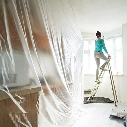 4 Pcs 9.8Ft x 65.6 Ft Plastic Painting Drop Film, Tape and Drape Dust Plastic Drop Cloth, Pre-Taped Masking Film for Automotive Painting Covering