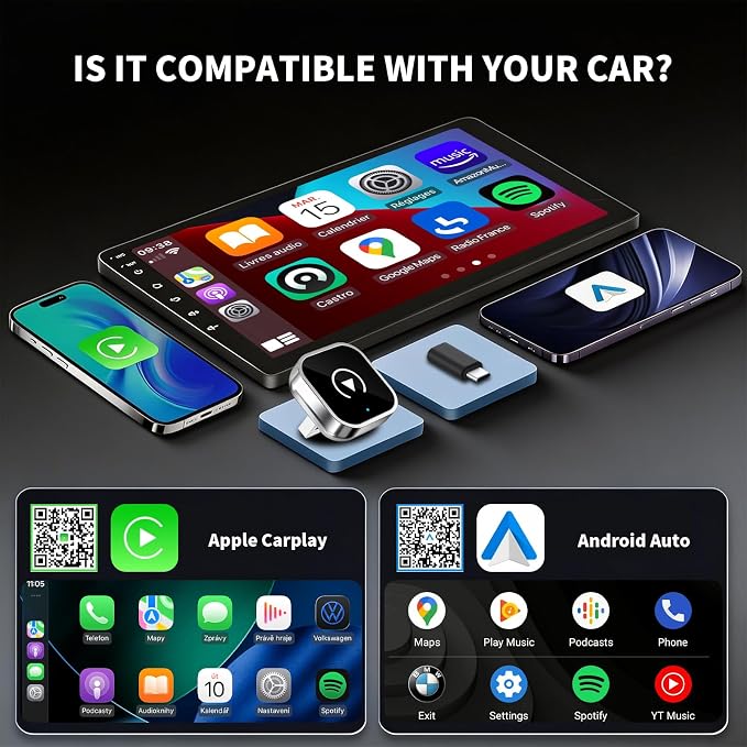 Wireless CarPlay and Android Auto Adapter, Ultra-Compact Aluminum Design with Dual-Band Technology, USB-C/USB-A Compatible for Wired CarPlay Vehicles