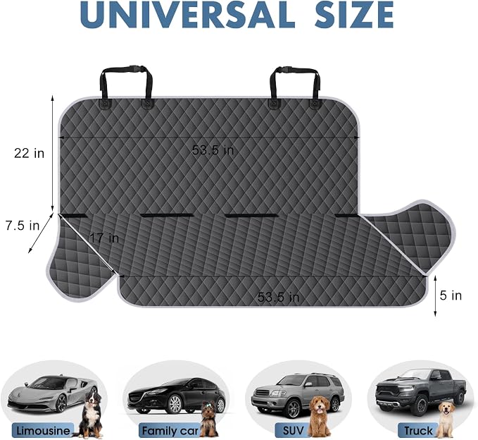 NECKORY Backseat Cover for Dogs, Waterproof and Non-Slip Pet Bench Seat Covers, Car Seat Protector for Back Seat, Universal Size Rear Car Seat Cover Fits Cars, Trucks and SUVs, M-Charcoal Grey&Grey