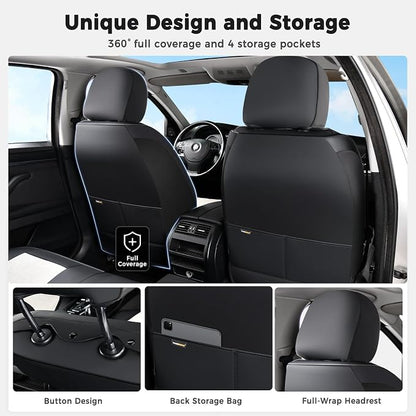 Huidasource Universal Fit Car Seat Covers Front Seat, 360° Full Wrap Luxury Nappa Leather Seat Cover Fit for Most Cars SUV Trucks, Waterproof Seat Covers with Lumbar Support, Black & White