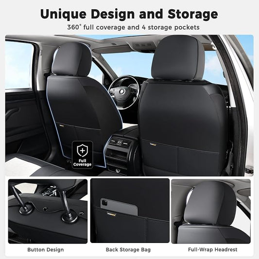 Huidasource Universal Fit Car Seat Covers Front Seat, 360° Full Wrap Luxury Nappa Leather Seat Cover Fit for Most Cars SUV Trucks, Waterproof Seat Covers with Lumbar Support, Black & White