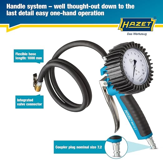 HAZET Tire Pressure Gauge 9041G-1 I Calibrated, Readable, Pressure Gauge Measuring Range: 0-145 Psi, Hose Length: 100cm/39.37 Inches, Pressure Gauge Diameter: 3.15 Inches I Tire Pressure Gauge