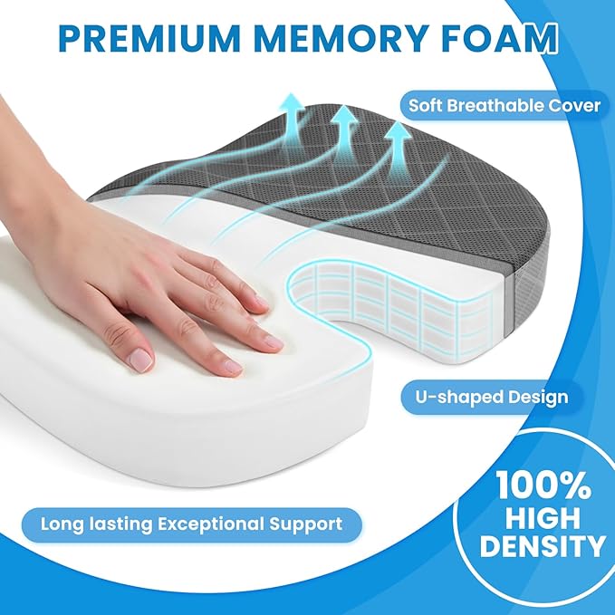 TushGuard Office/Car Seat Cushion, Non-Slip Sciatica & Back Coccyx Tailbone Pain Relief Chair Pad, Memory Foam Butt Pillow for Computer Desk, Wheelchair, Driving (Black&Grey)