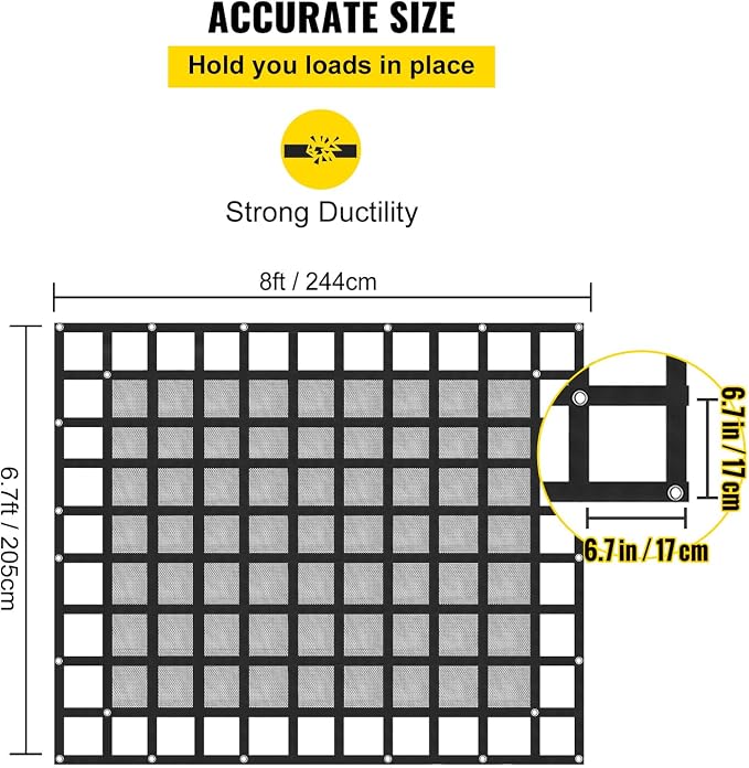 VEVOR Cargo Net with Mesh, 8' x 6.7' Cargo Net for Pickup Truck Bed, Heavy Duty Cargo Nets with Cam Buckles & S-Hooks & Cross Strap, Truck Bed Cargo Net for Trailer SUV Jeeps(96" x 80")