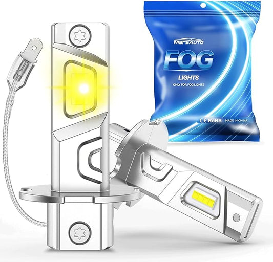 Marsauto H3 Led Bulb Yellow 12,000LM, 600% High Bright H3LL/H3 Fog Lights Led, 3000K Amber Yellow 50000 Hour Lifespan, 1:1 Size H3 Fog Bulb for Car, Tail Light Covers, Pack of 2