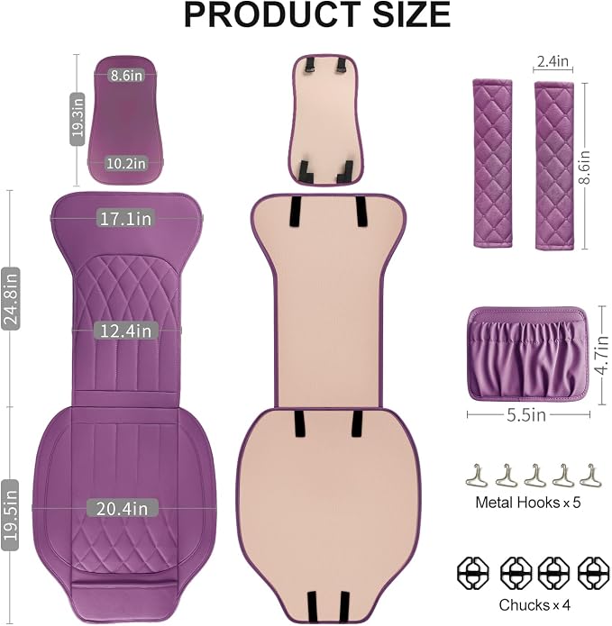 BEITK 2 Pack Leather Front Car Seat Covers, Universal Sideless Car Seat Protectors with Storage Pocket and Seat Belt Pads, Waterproof Automotive Seat Cover for Cars Trucks SUV(Purple)