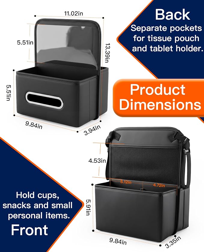 Divided Car Purse Holder Between Seats, PU Leather Front Seat Storage Bag with Backseat Tissue Holder & Tablet Pocket, Car Handbag Organizer for Small Wallet & Water Bottle, Automotive Accessories