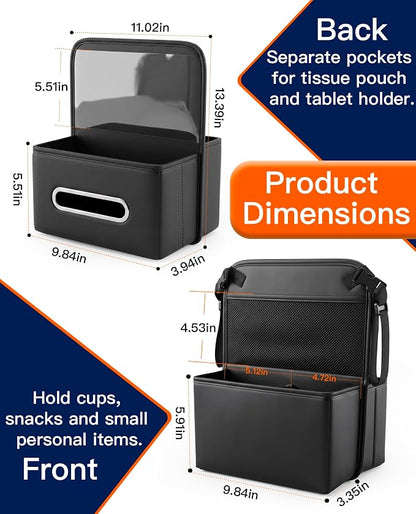Divided Car Purse Holder Between Seats, PU Leather Front Seat Storage Bag with Backseat Tissue Holder & Tablet Pocket, Car Handbag Organizer for Small Wallet & Water Bottle, Automotive Accessories