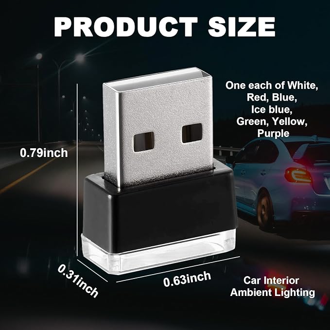 Ziciner 7 PCS USB LED Car Interior Atmosphere Lamp, Portable Mini LED Night Light, Plug-in USB Interface Trunk Ambient Lighting Kit, Universal Interior Accessories for Most Vehicles (MultiColour)