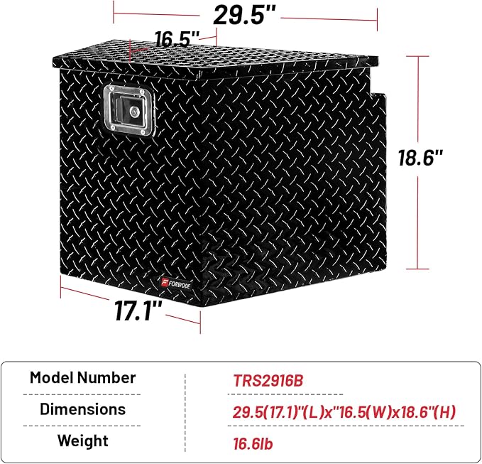 FORWODE Trailer Tongue Box 29 Inch Aluminum Tongue Tool Box Lockable Trailer Tool Chest with Gas Strut, Secure Diamond Plate Truck Tongue Tool Box for Trailer, Truck Bed, Pickup & RV Storage (Black)