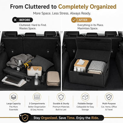 Car Trunk Organizer, Foldable Cargo Storage Box with Hook-and-Loop Lid, Suede & Faux Leather Trunk Organizer for SUV Sedan Truck, Adjustable Divider, Handles, Black, 19.7inches