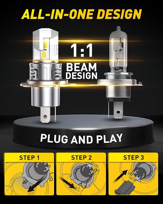 AUXITO H4 Bulb - 900% Brighter 6500K White, Direct Fit Mini Size, Hassle-Free Plug & Play, Extended Lifespan, Flicker-Free Operation, Pack of 2