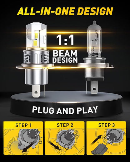 AUXITO H4 Bulb - 900% Brighter 6500K White, Direct Fit Mini Size, Hassle-Free Plug & Play, Extended Lifespan, Flicker-Free Operation, Pack of 2