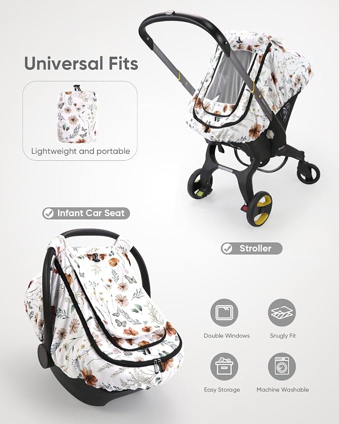 Car Seat Cover Baby Girls, Infant Car Seat Canopy Outdoor, 2 Layers with Mesh and Sun Shade Window for Summer Winter, Easy Access Carseat Covers Snug Fit Baby Stroller - Brown Wildflower