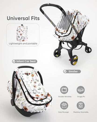 Car Seat Cover Baby Girls, Infant Car Seat Canopy Outdoor, 2 Layers with Mesh and Sun Shade Window for Summer Winter, Easy Access Carseat Covers Snug Fit Baby Stroller - Brown Wildflower
