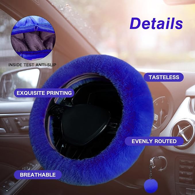 7PCS Set car Interior Aesthetic Accessories, Fluffy 15 inch Steering Wheel Cover, armrest pad, seat Belt Cover,Gear Shift Cover, Fit Girly car Accessories for Women.