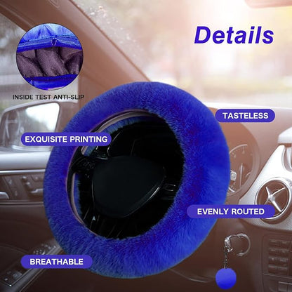 7PCS Set car Interior Aesthetic Accessories, Fluffy 15 inch Steering Wheel Cover, armrest pad, seat Belt Cover,Gear Shift Cover, Fit Girly car Accessories for Women.