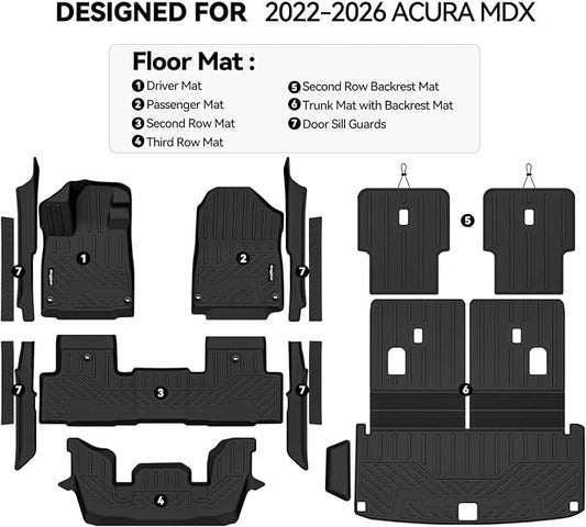 Floor Mats for 2022-2026 Acura MDX, Trunk Mat with Backrest Mat and 2nd Backrest Mat & Door Sill Guard All Weather TPE Protector for Acura MDX Accessories