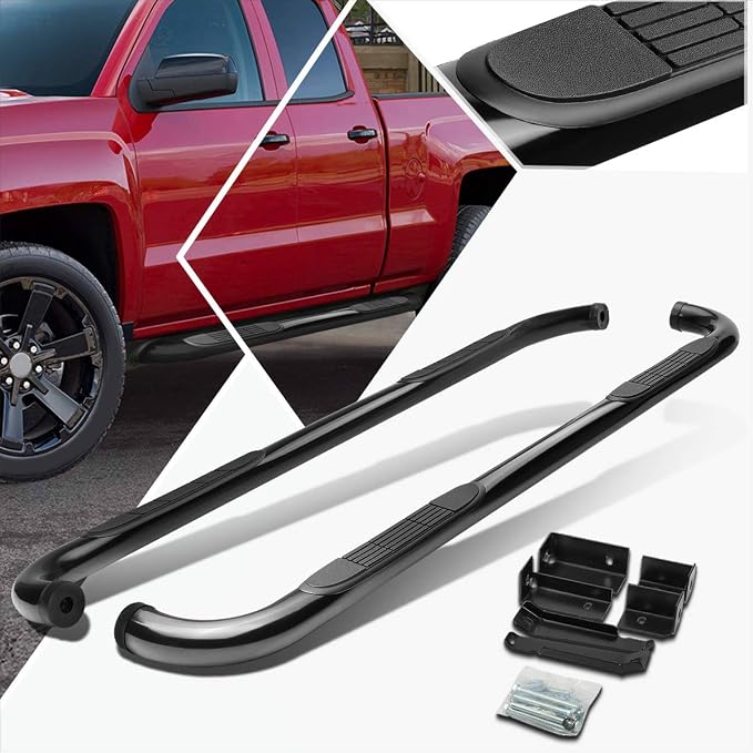 3" Running Boards Steps Bars Compatible with 1999-2019 Chevy Silverado GMC Sierra 1500 2500HD 3500HD, 2019 Chevy Silverado 1500 LD, Black Steel Round Nerf Bars, Extended Cab