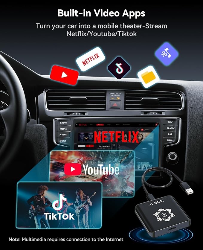 AI Box for Factory Wired CarPlay, Wireless CarPlay & Android Auto Adapter with Netflix, YouTube & TikTok, Full Android Car Video Box with 4G LTE, GPS, Dual Bluetooth and Dual-Band WiFi
