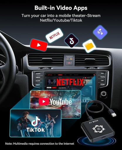 AI Box for Factory Wired CarPlay, Wireless CarPlay & Android Auto Adapter with Netflix, YouTube & TikTok, Full Android Car Video Box with 4G LTE, GPS, Dual Bluetooth and Dual-Band WiFi