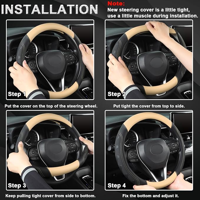 GIANT PANDA Car Steering Wheel Cover for Toyota RAV4,Camry,Highlander,Corolla,Prius,Tacoma,Standard Size - Black+Beige