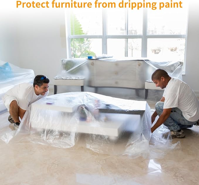Pre-Taped Masking Film 3 Pack Each 118in x 65 feet Rolls, Tape and Drape, Painters Plastic Sheeting Drop Cloth for Automotive Painting Covering, House Decoration Furniture Floor Dustproof Cover