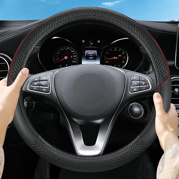 Leather Patchwork Black Steering Wheel Cover, 14.5-15 Inch Non-Slip Breathable Microfiber Car Steering Wheel Protector